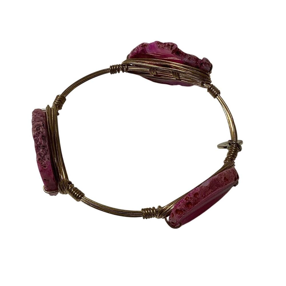 Bourbon & Boweties Gold Tone Pink Agate Druzy Wrapped Bangle Bracelet Boho E20-5